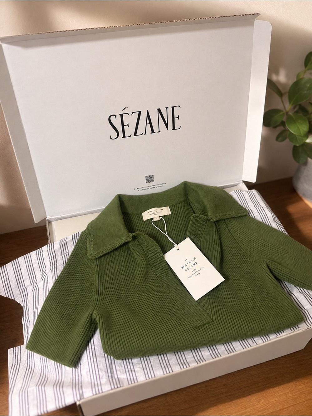 Sézane Olive Green Ribbed Merino Polo Sweater